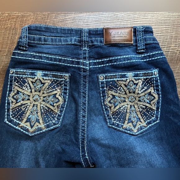 Y JEANS Los Angeles Y2K denim low rise flare distressed bling pockets cross 3/4 - Picture 3 of 15